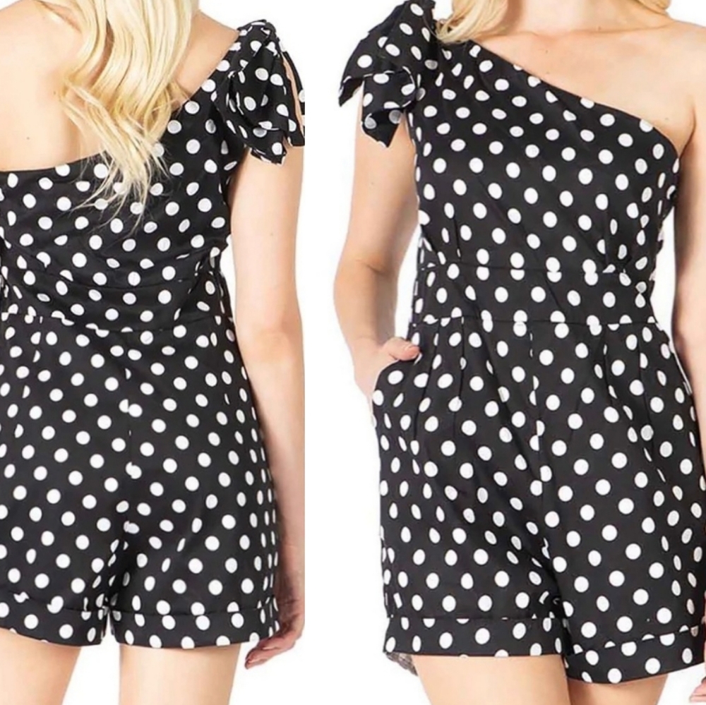 BCBGMAXAZRIA Polka Dots Poplin Romper Shorts Jumpsuit One Shoulder - Picture 4 of 11